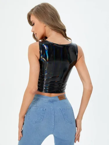 Vista 2 de Floerns Camiseta corta sin mangas de piel sintética con cuello en V para mujer