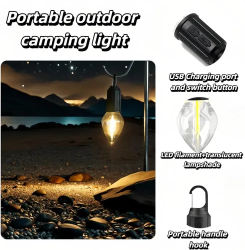 Vista 2 de Linterna LED portátil para campamento, gancho para colgar en cualquier lugar, recargable USB-C, 3 modos de brillo, resistente al agua