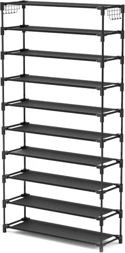 Vista 8 de LANTEFUL Zapatero de 10 niveles, 50 pares, organizador de zapatos alto de gran capacidad, almacenamiento de zapatos resistente con dos ganchos