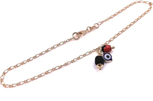 Vista 5 de SIFRIMANIA Tobilleras para mujer chapada en oro de 18 quilates, cadena Figaro de piedra azabache y dije contra el mal de ojo