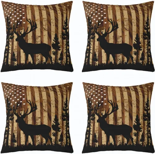 Vista 3 de Funda de almohada de piel de vaca, con bandera estadounidense, ciervos, cuernos de caza, para decoración del hogar, sala de estar, funda de cojín