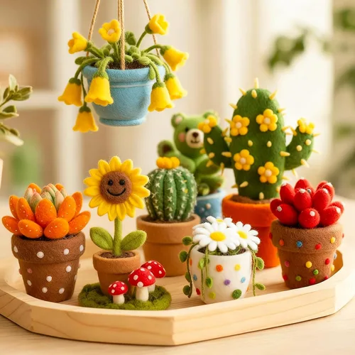 Vista 6 de Kit de fieltro de aguja para principiantes, 28 colores de lana itinerante, juego de manualidades de plantas suculentas con agujas de fieltro