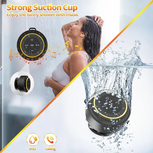 Vista 3 de Altavoz de ducha Bluetooth con mosquetón, altavoces Bluetooth portátiles con ventosa, IP67 impermeable, inalámbrico, flotante, para camping, playa