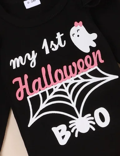 Vista 4 de Conjunto de ropa de Halloween para recién nacido, con volantes, tirantes, calabaza, murciélago, fantasma, falda con diadema
