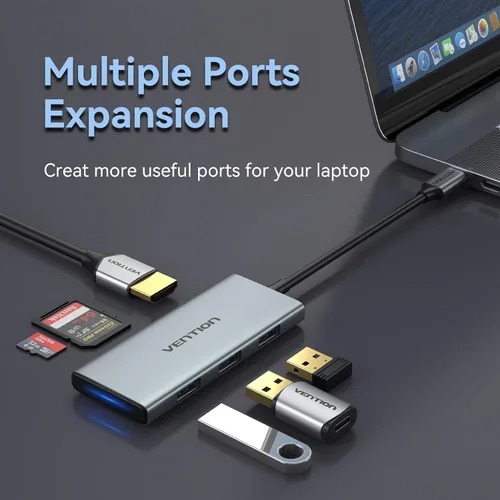 Vista 2 de Hub USB C para MacBook, VENTION USB tipo C Hub multipuerto adaptador 6 en 1 con 4K HDMI USB 3.0 transferencia de datos SD/TF lector de tarjetas, USB