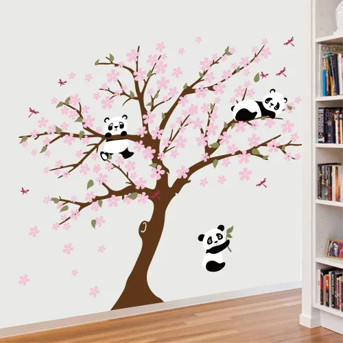 Vista 3 de Runtoo Calcomanía de pared de panda, diseño de flor de cerezo para sala de estar y dormitorio