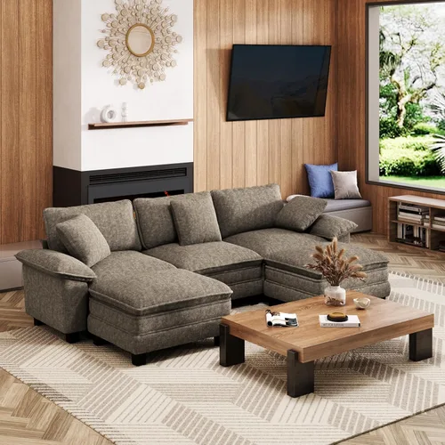 Vista 29 de Sofá seccional en forma de U de 123 pulgadas con cojines tipo nube, juego de sofá modular de asiento profundo con 5 asientos y 2 otomanos, brazos