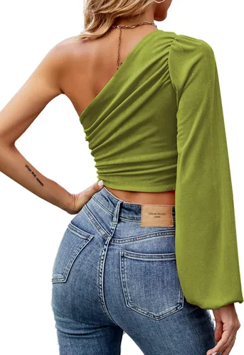 Vista 2 de LYANER Blusa corta de manga larga con un hombro fruncido para mujer