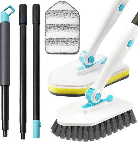 Vista 10 de Cepillo de limpieza de mango largo para ducha, cepillos de limpieza 3 en 1 con 3 cabezales de limpieza diferentes para limpieza de ducha, baño, Negro