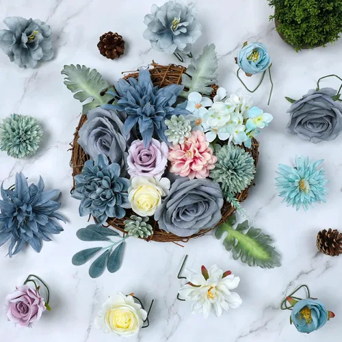 Vista 4 de AmyHomie - Juego de flores artificiales azules, mezcla de seda, peonía, rosa, hortensia, flores falsas con tallo para bricolaje, ramos de boda