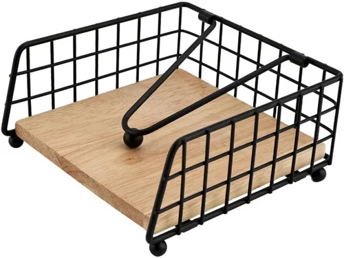 Vista 6 de Wooden and Iron Napkin Holder Flat Napkin Dispenser with Metal Arm Decorative Table Stand Suitable for Dining Room Kitchen, Black