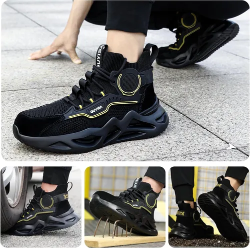 Vista 7 de LAoutun Zapatos de punta de acero para hombre, zapatos de construcción industrial, de corte medio, botas industriales, zapatos de trabajo cómodos