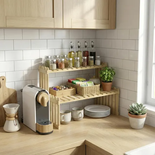 Vista 5 de MyGift soporte para plantas de bambú natural con 2 niveles, para el escritorio, color café