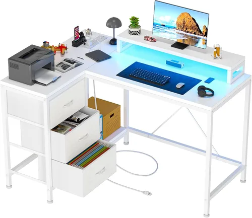 Vista 9 de Patikuin Escritorio en forma de L con tomas de corriente y luces LED, escritorio de computadora con cajones y estantes, escritorio de esquina