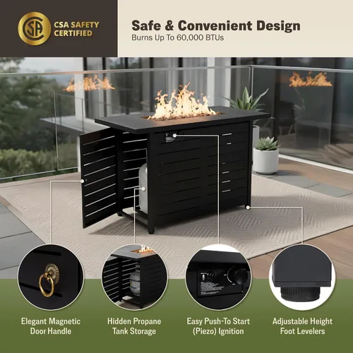 Vista 3 de Mazatzal Mesa para fogata de propano de 42 pulgadas, 60,000 BTU para exteriores con tapa, cubierta climática, roca de lava, hoguera rectangular