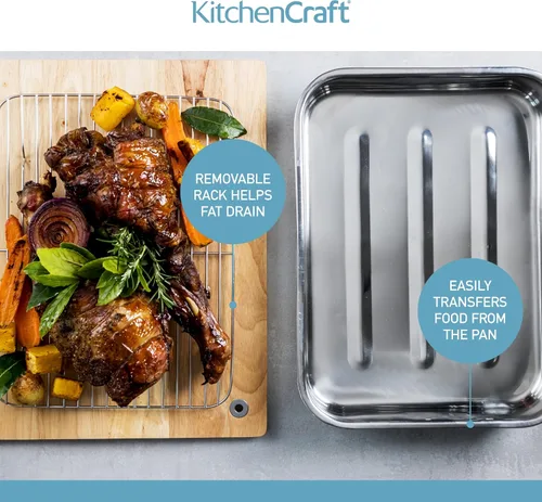 Vista 6 de KitchenCraft Recipiente para asar con estante, acero inoxidable, grande, 16.9 x 12.2 in, color plateado