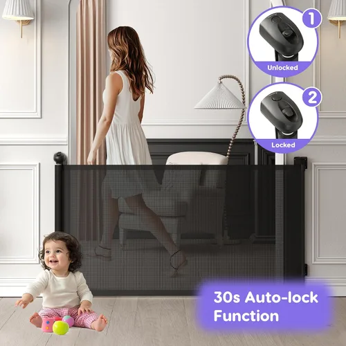 Vista 3 de Puerta retráctil para bebé, puerta de bebé para escaleras con bloqueo automático, puertas para perros para seguridad en puertas, se extiende hasta