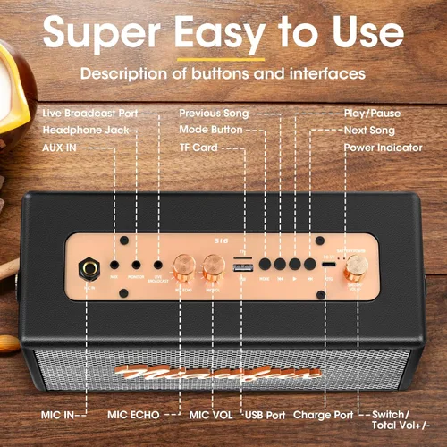 Vista 7 de Máquina de karaoke, altavoz de diseño retro con 2 micrófonos inalámbricos para adultos y niños, sistema de karaoke portátil para fiesta en casa