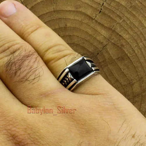 Vista 5 de Anillo de lujo de plata de ley 925 maciza auténtica, piedra de ónix negro