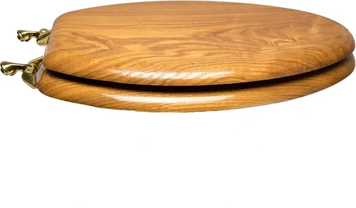 Vista 3 de 5Q1E4-17BR - Asiento de inodoro de madera natural con acabado decorativo, bisagra de poste único de madera y metal, alargado, roble claro con latón