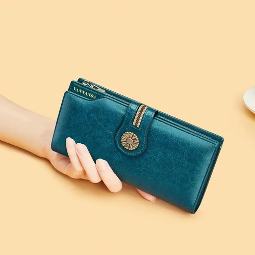 Vista 6 de VANNANBA Cartera larga y grande para mujer, de piel encerada con aceite RFID, cartera organizada, Azul eléctrico