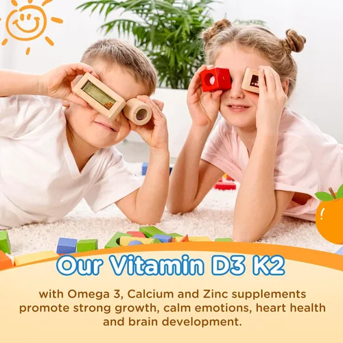 Vista 7 de Gotas de vitamina D3 K2 para niños, suplemento líquido con calcio, Omega 3, zinc, vitamina D3 K2 para absorción de calcio huesos saludables