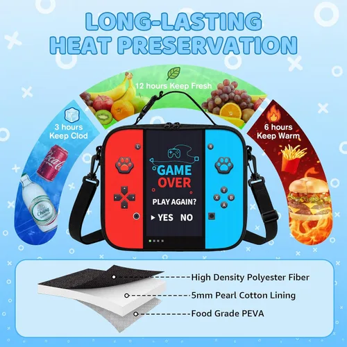 Vista 3 de Lonchera aislada para consola de juegos, para adolescentes, niños, niñas, niños, reutilizable, de gran capacidad, con etiqueta de nombre, correa