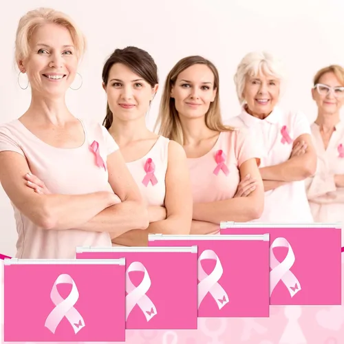 Vista 5 de Abbylike 100 bolsas de maquillaje para concientización sobre el cáncer de mama, bolsas de cosméticos a granel con cinta rosa, regalos
