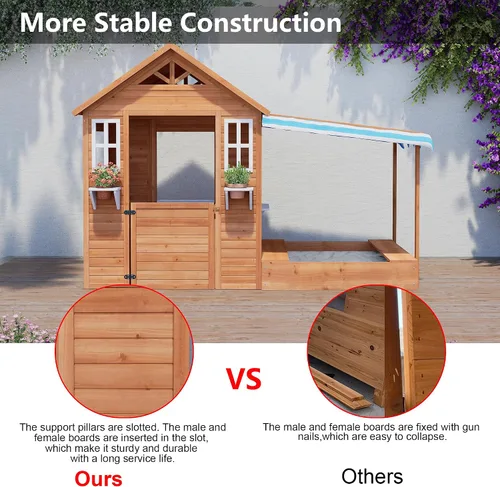 Vista 4 de BIRASIL Casa de juegos para niños con arenero, casa de juego de madera para exteriores con fosa de arena para jardín trasero, edades de 3 a 10 años