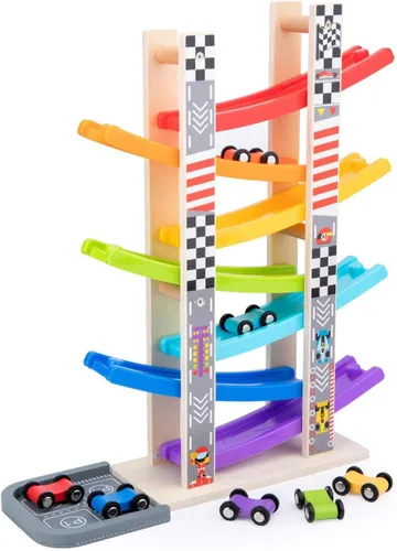 Vista 9 de Wood City Set de Juguetes de Rampa y Carrera de Coches de Madera con 4 Coches en Miniatura y Pistas de Carrera, Juguetes para Niños de 1, 2, 3 Años