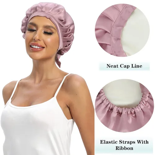 Vista 4 de Cocheng Gorro de seda 100% morera de doble cara con cinta ajustable, gorro de seda de 19 momme para dormir (rosa frijol)