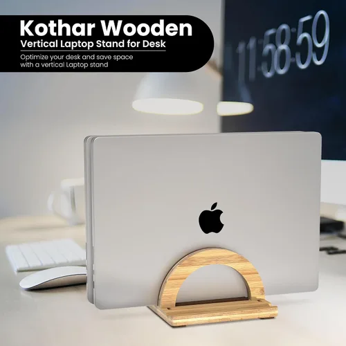 Vista 9 de Kothar Soporte vertical de madera prémium para laptop, soporte de bambú ajustable de doble ranura para MacBook, Dell, HP y más Organizador