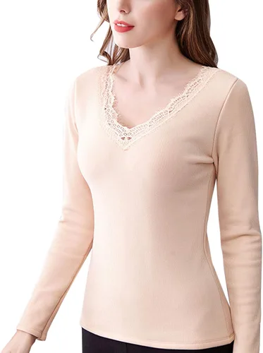 Vista 7 de Flygo Ropa interior térmica para mujer, camisas térmicas de encaje con forro polar y cuello en V