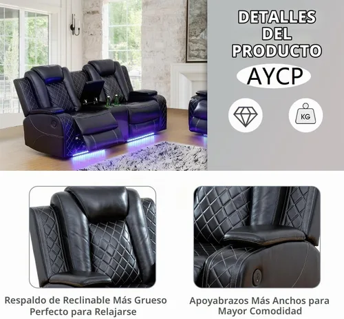 Vista 5 de Juego de sofá reclinable multifunción de cuero Power Air con luces LED, muebles de sala de estar, sofá reclinable, sofá biplaza, silla con puerto