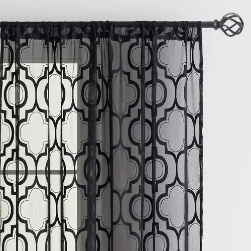 Vista 8 de Cortinas traslúcidas de encaje negro para sala de estar, dormitorio, 63 pulgadas de largo, juego de tratamiento geométrico para ventana, diseño