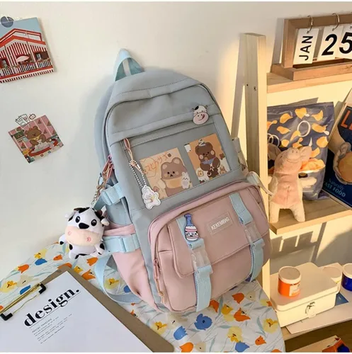 Vista 3 de Mochila Kawaii con bonitos alfileres y colgante de felpa para adolescentes niñas escuela gran capacidad impermeable mochila escolar Rosa-1
