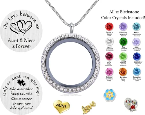 Vista 2 de El mejor regalo para sobrina tía, colgante de medallón de memoria flotante con dije y piedra natal para mujeres, niñas y adolescentes
