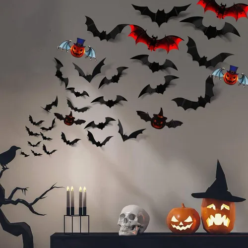 Vista 3 de 93 piezas de decoración de murciélagos de Halloween, 7 tamaños diferentes de murciélagos 3D, decoración de pared reutilizable de PVC negro y rojo