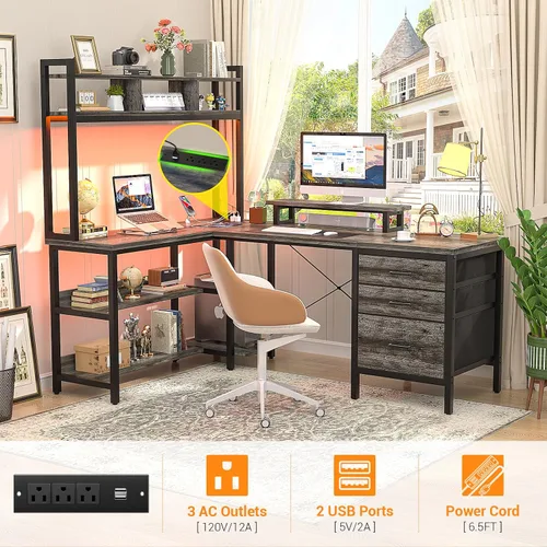 Vista 4 de Aheaplus Escritorio en forma de L con alacena, escritorio para juegos con luces LED, escritorio reversible para computadora con toma de corriente