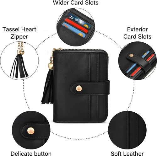 Vista 5 de oscaurt Cartera para mujer pequeña con bloqueo RFID, cartera de dos pliegues con tarjetero para tarjetas de crédito, ventana para identificación