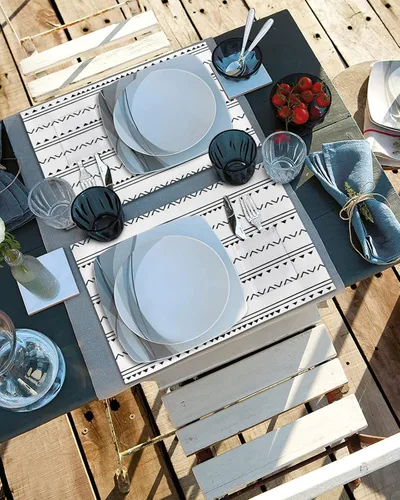 Vista 4 de Juego de 4 manteles individuales bohemios para mesa de comedor, tela de lino de algodón con bolsillo, arpillera cuadrada, rectangular, redonda