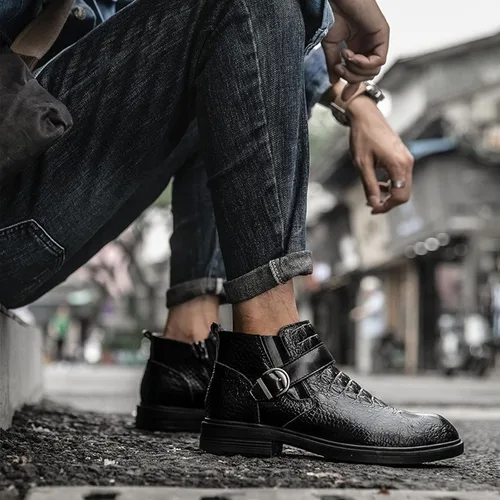 Vista 5 de Botas de cuero genuino con estampado para hombre, para otoño e invierno, de alta altura, con correa estilo Bukle