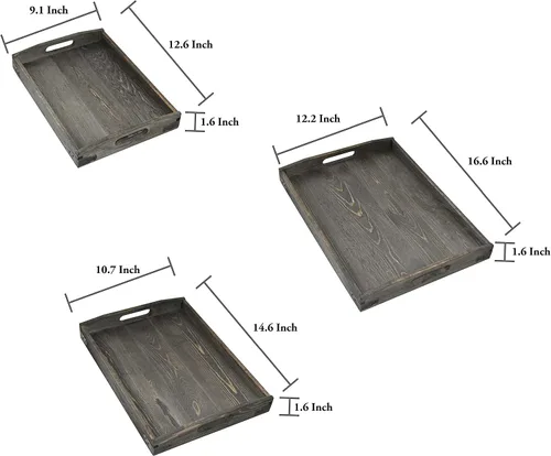 Vista 5 de Owlgift Bandejas de madera gris vintage con detalles de metal de latón, juego de 3