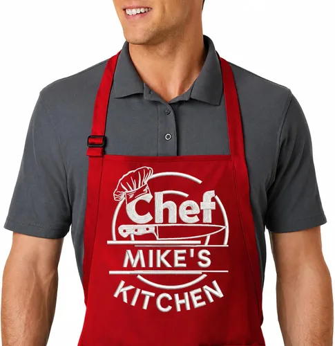 Vista 11 de Delantal bordado personalizado con nombre personalizado. Delantal de calidad profesional para hombres y mujeres. Diseño de cocina