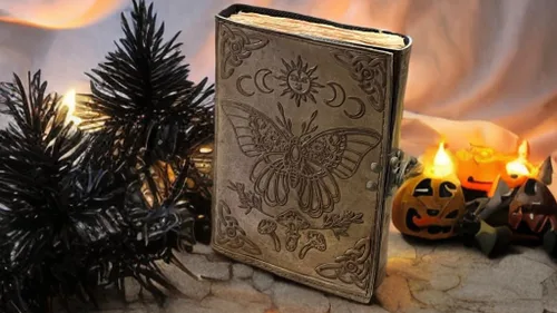 Vista 6 de Embossed Luna Moth Leather Grimoire Journal – Vintage Botanical Mushrooms & Sun Moon Design – Blank Spell Book of Shadows with Deckle Edge Paper