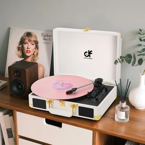 Vista 5 de Tocadiscos de vinilo Bluetooth, tocadiscos portátil vintage de 3 velocidades con 2 altavoces integrados, grabación USB, tocadiscos