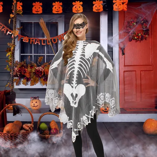 Vista 6 de Poncho de esqueleto de Halloween para mujer, chal de esqueleto de encaje con máscara de murciélago, disfraz de Halloween para mujer