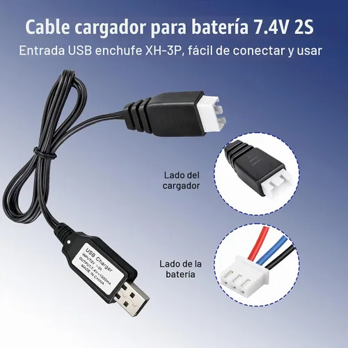 Vista 3 de Reemplazo del cable del cargador USB para 7.4V 2S LiPo batería XH-3P Plug RC Car For SCX24 SCX10 RC Car Gel Blaster Splatter Ball Gun Drone FPV