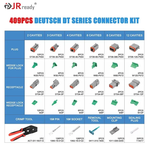 Vista 2 de JRready Kit de conectores DT de 409 piezas con herramienta de crimpado de barril abierto Deutsch - DW5003 IP68 conectores Deutsch impermeables