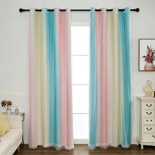 Vista 8 de vctops Cortinas opacas con diseño de rayas degradadas para ventana, de doble capa, de tul, cortinas recortadas con estrellas para dormitorio de Azul